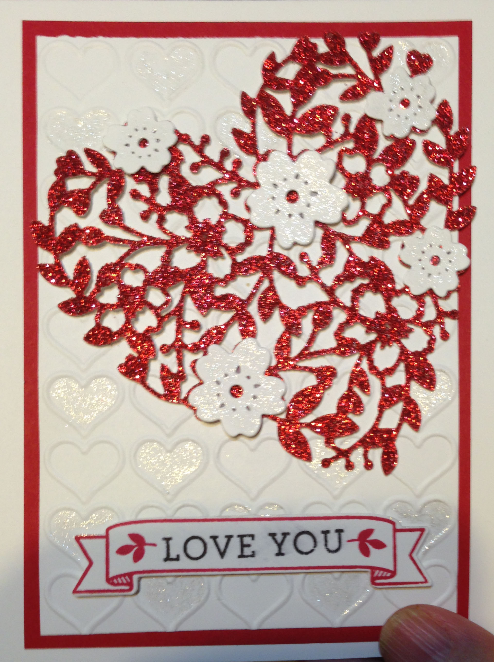 Handmade valentine using Bloomin Heart Thinlits and Clear Wink of Stella